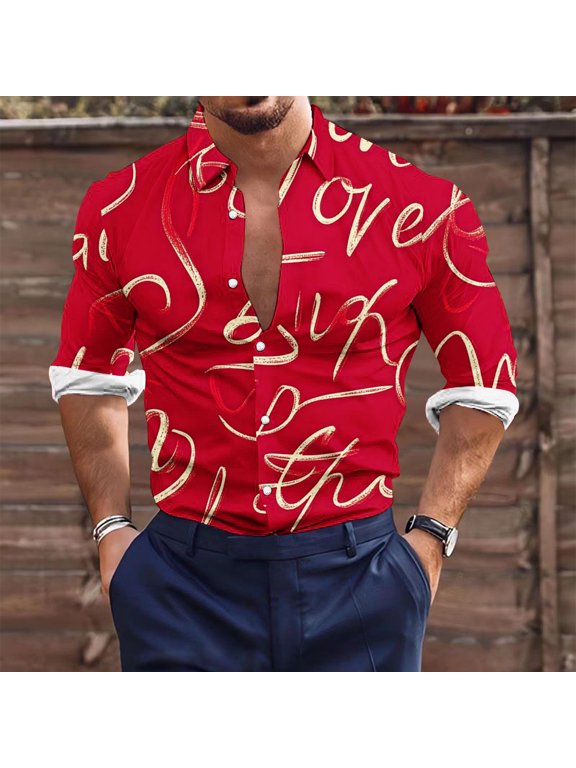 Slim Fit Mens Long Sleeve Shirt Red Novelty Valentines Day Button Down Shirt Holiday Stretch Men Graphic Tees L
