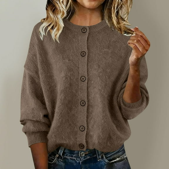 NTACZA Slim Fit Sweaters for Women Plus Size Brown Button Down Thicken Sweater Cardigan Thermal Crew Neck Ladies Jumpers S