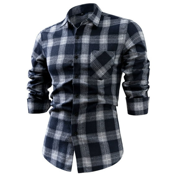 NTACZA Slim Fit Winter Shirts for Men Blue Cotton Business Dress Shirts Office Plaid Button up Men's Collared Tees S