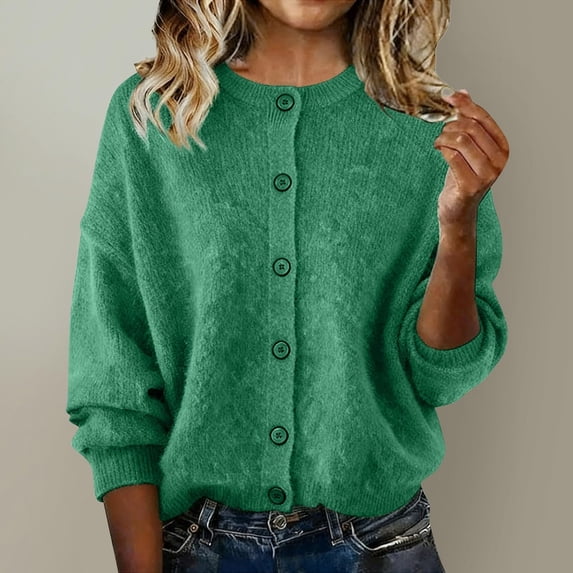 NTACZA Slim Fit Women's Sweaters Button Down Green Thicken Sweater Cardigan Crew Neck Thermal Knit Tops Ladies Jumpers L