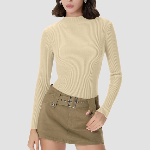 NTACZA Slim Fit Womens Going Out Tops Beige Crewneck Thermal Undershirt Ribbed Basic Long Sleeve T Shirt Woman Shirts M