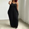 NTACZA Slip Dress Summer Dresses for Women Plus Size Maxi Solid Open Back High Waist V-Neck Loose Black