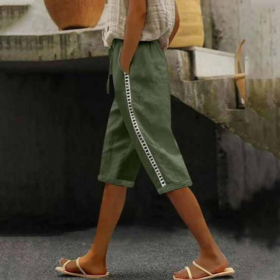 NTACZA Solid Cute Pants for Women Green Cuffed Cotton Linen Elastic High Waist Capris Women Trouser L