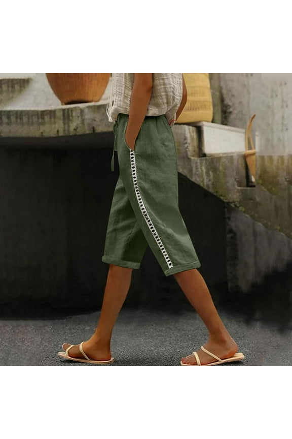 Solid Cute Pants for Women Green Cuffed Cotton Linen Elastic High Waist Capris Women Trouser L