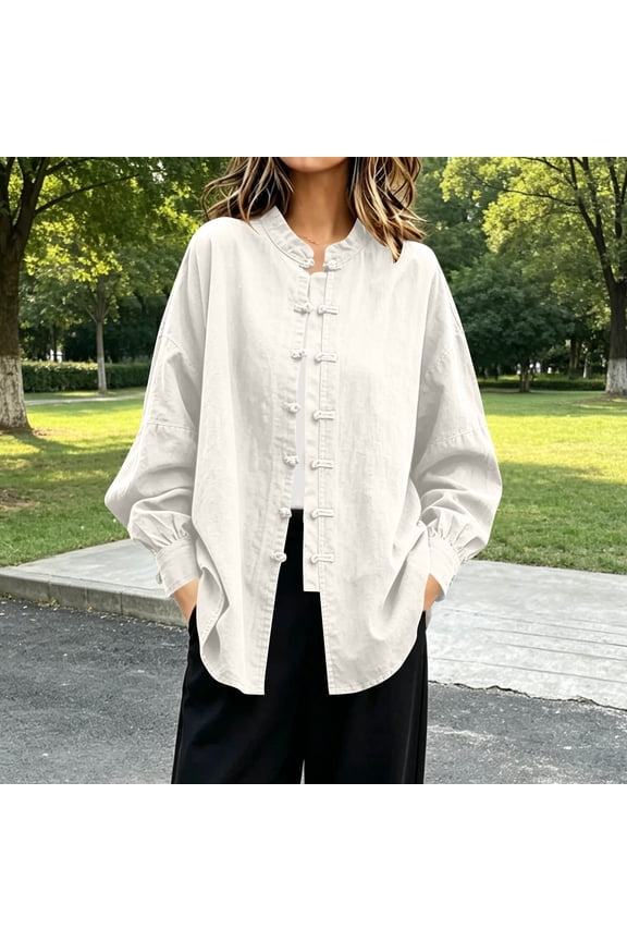 Solid Cute Summer Tops for Women Blouson Elastic Cuffs Mandarin Collar Frog Buttons Long Sleeve Vacation Relaxed Fit Blouses XXL
