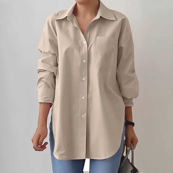 NTACZA Solid Long Sleeve Shirts for Women Pocket Button Down Collared Side Slit Office Curved Hem Business Casual Work Dressy Blouses for Women Khaki
