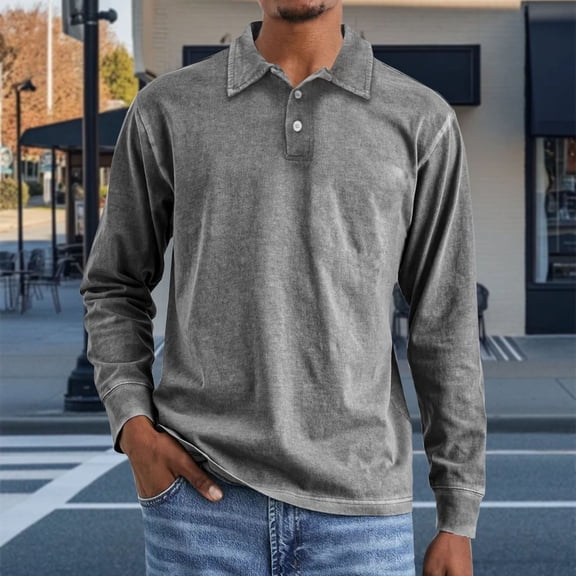 NTACZA Solid Men Long Sleeve Shirt Cotton Distressed Gray Polos Men Button up Loose Fitting Pullover Tees XXXXL