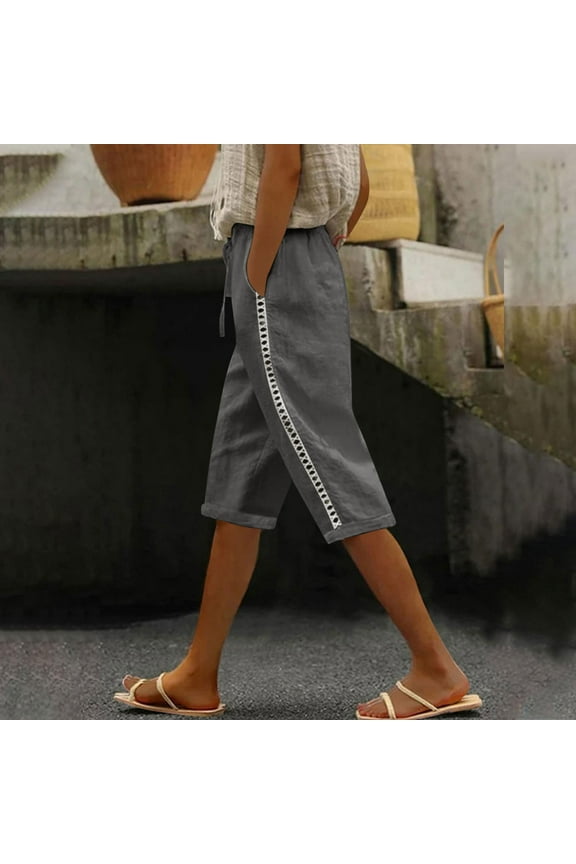 Solid Pants for Women Casual Gray Cotton Linen Cuffed Elastic High Waist Capris Sweatpants for Women M