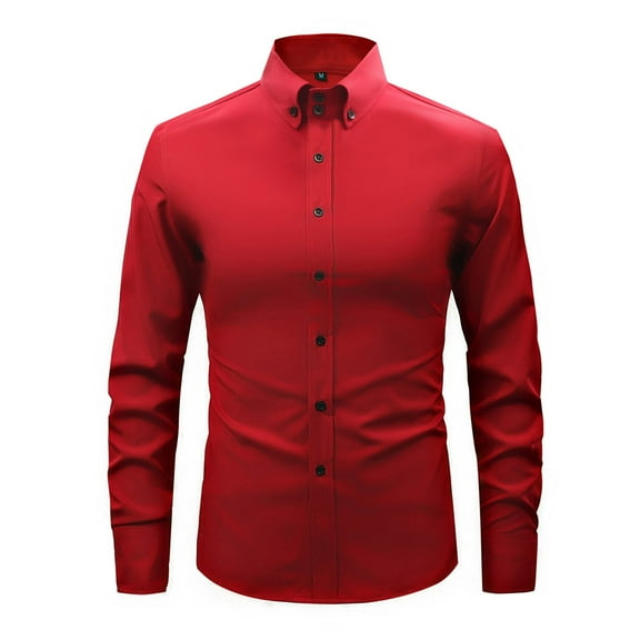 NTACZA Solid Shirt for Men Red Slim Fit Business Dress Shirt formal Mens Long Sleeve Wedding Work Shirts S