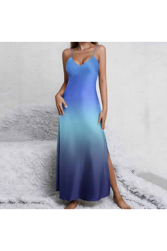 Spaghetti Strap Dresses for Women Maxi V Neck Cami Dress Ladies Gradient Sleeveless Split Slip Dresses L