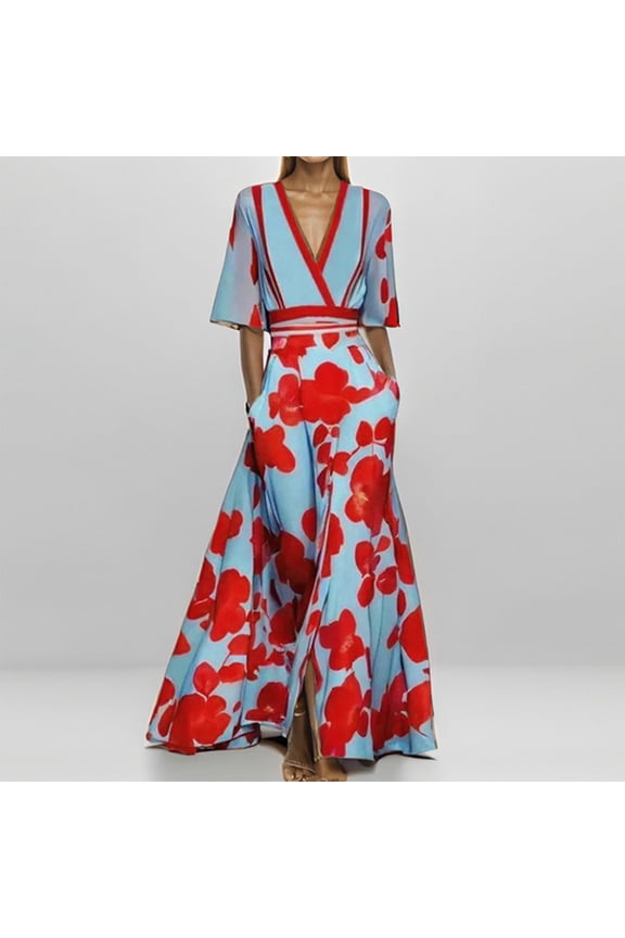 Spring Dresses Chiffon Fabric , Pockets , Color Block Trim Floral Faux-Wrap Relaxed Fit Dolman Elbow-Length V-Neck Ladies'Casual Dresses