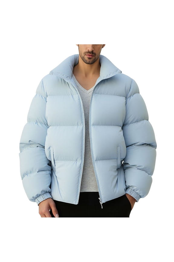 Stand Collar Jackets for Man Zip up Thick Blue Puffer Jacket Isulated Long Sleeve Heavyweight Coats Men Coats M