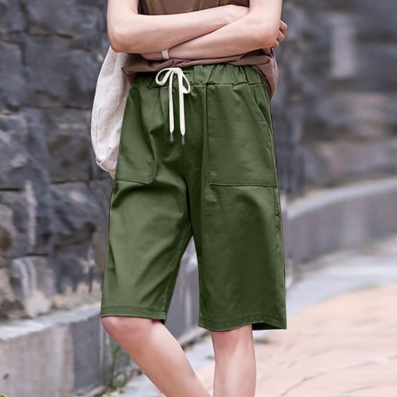 NTACZA Straight Leg Women's Shorts High Waisted Burmuda Shorts Drawstring Elastic Shorts for Ladies L