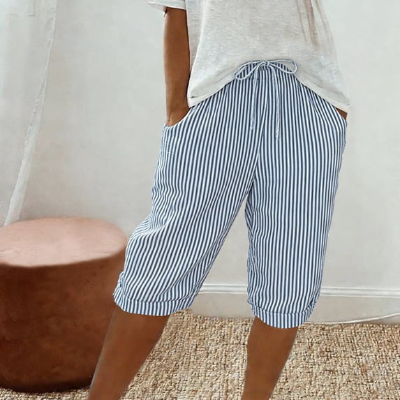NTACZA Striped Shorts Womens Casual Beach Shorts Elastic Waist Drawstring Loose Women's Shorts S