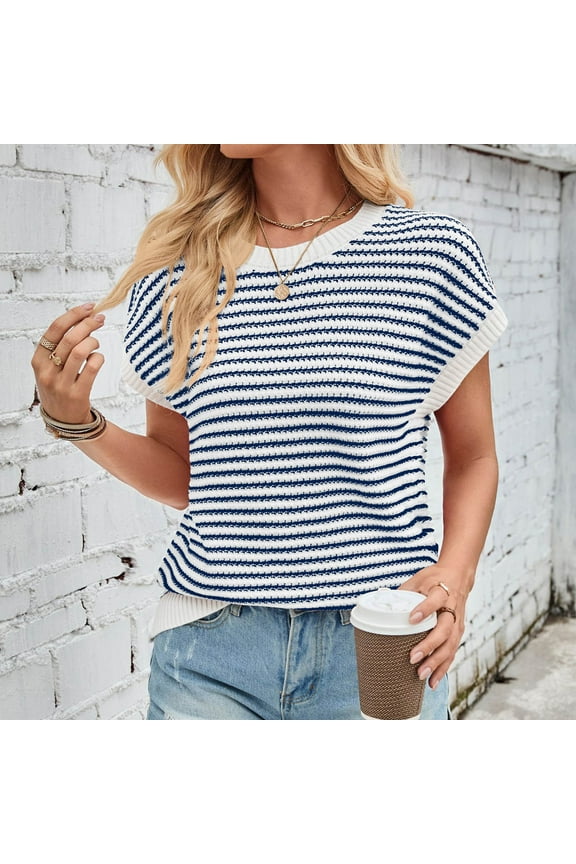 Striped Women Tunic Tops Blue Short Sleeve Knitted Cotton Crew Neck Batwing Tank Sweater Women Shirts