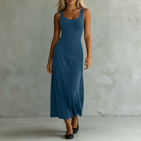 NTACZA Summer Dress Casual Maxi Sleeveless Sleeveless Square Neckline Vacation Sheath Blue M