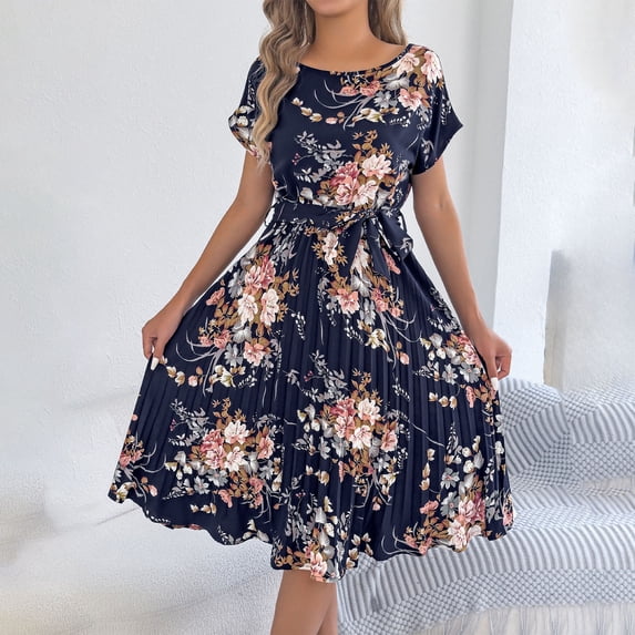 NTACZA Summer Dress Casual Wedding Guest Dress Floral Midi Crew Neck A-Line Ruched Waist Short Sleeve Size M