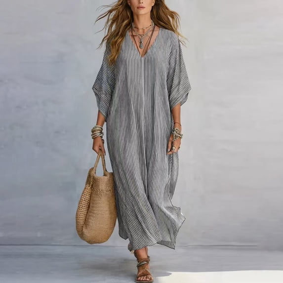 NTACZA Summer Dress Striped Casual Maxi V-Neck Loose 3/4 Sleeve Beach Size XL