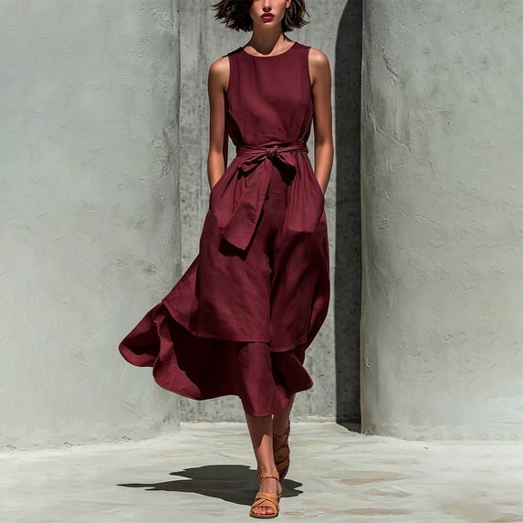 NTACZA Summer Dresses A-Line Maxi Cotton Lien Sleeveless Flowy Round Neck Ruched Waist Vacation Casual Front Tie Beach Red XXXL