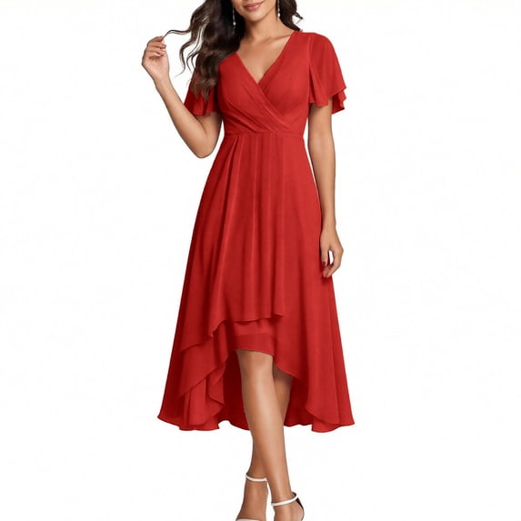 NTACZA Summer Dresses Dressy Wedding Guest Dress Flowy Midi Faux-Wrap Short Sleeve V-Neck Size S