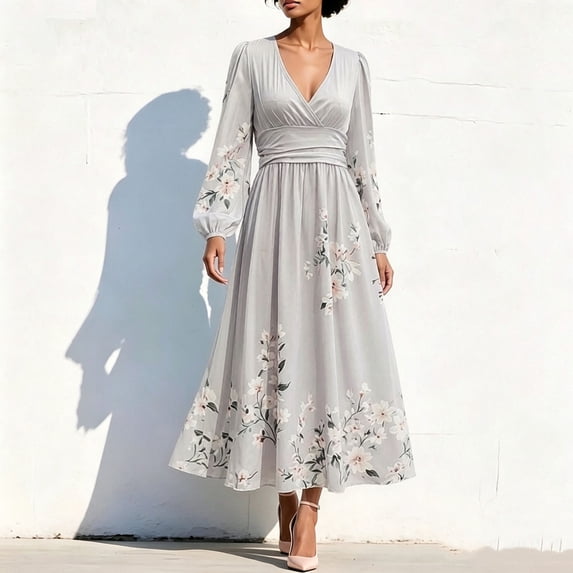 NTACZA Summer Dresses V-Neck Elegant Pleated Faux-Wrap Long Sleeve Maxi Ruched Waist Relaxed Fit Puff Floral Dressy Wedding Cocktail Party Gray XXXL