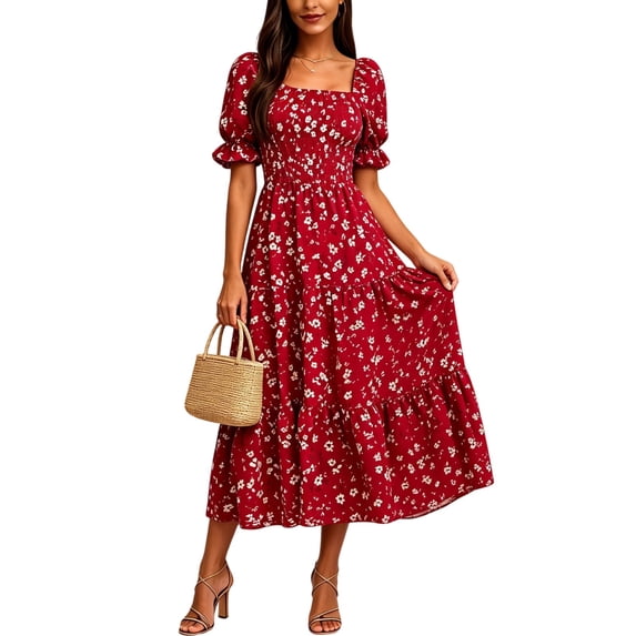 NTACZA Summer Dresses for Women 2026 Sundress Tiered Hem Casual Daisy Floral Maxi Short Sleeve Square Neckline Ruched Waist A-Line Beach Size M