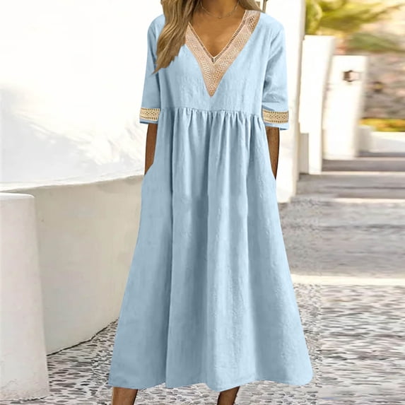 NTACZA Summer Dresses for Women Lace Neckline Shift Maxi Pleated Casual Dresses Short Sleeve Vacation Blue S