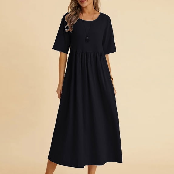 NTACZA Summer Dresses for Women Solid A-Line Flowy Hem,Pleated Relaxed Fit Set-In Elbow-Length Crew Neck Ladies'Casual Dresses