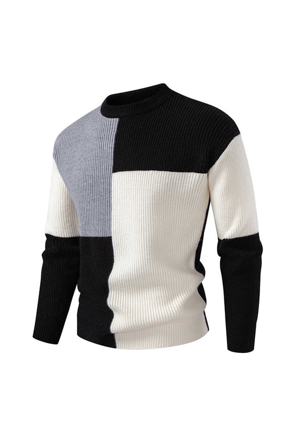 Sweater for Man Color Block Black Sweaters Ribbed Crew Neck Pullover Men's Jumper L