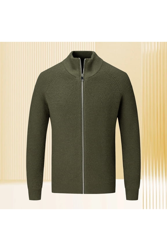 Sweater for Man Zip Up Slim Fit Mock Neck Green Sweater Cardigan Solid Ribbed Knit Jacket Mens Winter Jumpers L