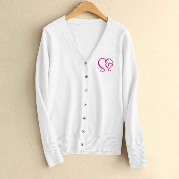 NTACZA Sweater for Women V Neck White Button Up Valentines Sweater Cardigan Heart Printed Sweater Coat Womens Jumpers XL