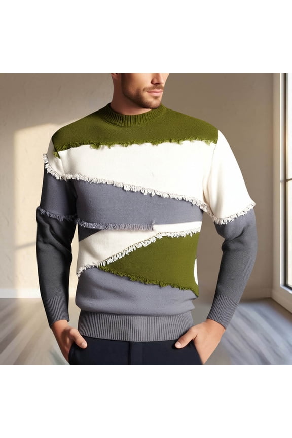 Sweaters for Man Patchwork Pullover Ripped Gray Sweater Crew Neck Knit Stretch Basic Shirt Men Jumper 3XL