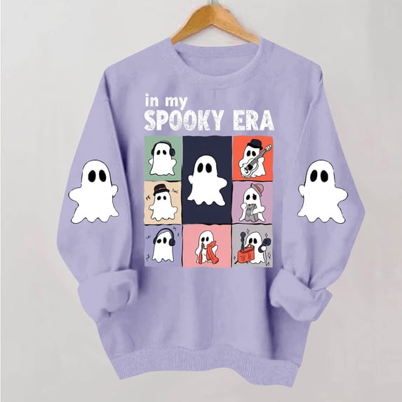 NTACZA Sweatshirt for Women Halloween Spooky Season Crew Neck Sweatshirt Cute Ghost Grapic Cozy Long Sleeve Pullover Tops Daily Outfits Purple L