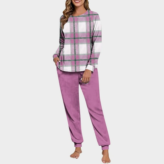 NTACZA Thermal Pj Set for Women Fleece Long Sleeve Sleepwear Set Plaid Tops Joggers Raglan Womens Loungewear Set M
