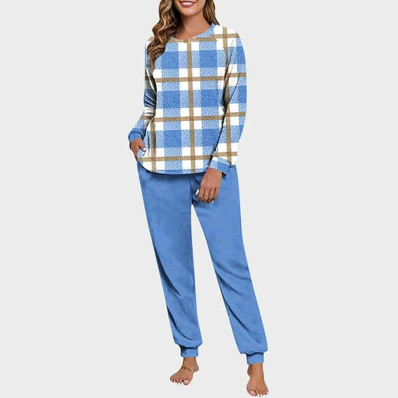 NTACZA Thermal Womens Pjs Sets Long Sleeve Fleece Sleepwear Set Plaid Raglan Tops Joggers Womens Pjs Lounge Sets XL