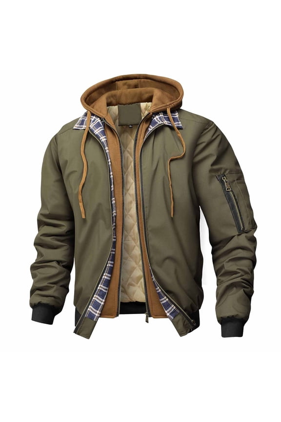 Thick Men Jacket Green Cargo Hooded Bomber Jacket Quilted Lined Patchwork Zip Up Coat Coats for Men L