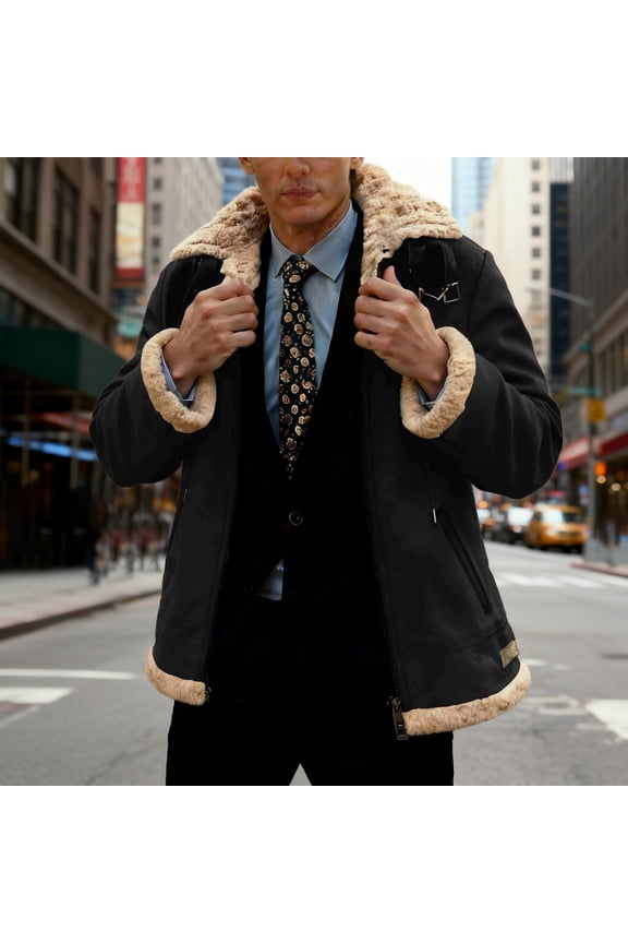 Thick Winter Jackets for Men Faux Suede Black Sherpa Lined Trucker Jacket Work Zip Up Fuzzy Coats for Man L