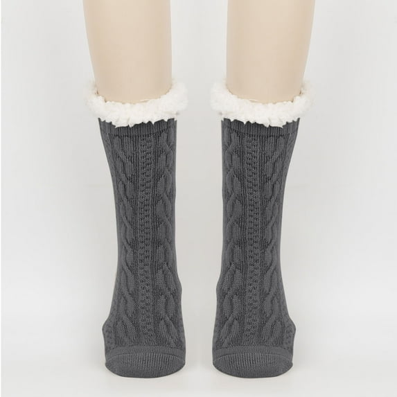 NTACZA Thick Womens Fall Socks Gray Non Slip Fleece Lined Slipper Socks Ribbed Fuzzy Calf Socks for Women
