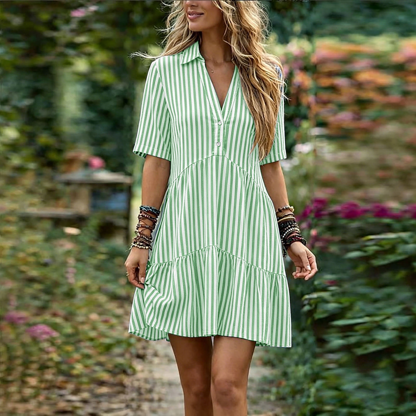 green mini smock dress Ntacza Tiered Hem Spring Dresses for Women Henley Neck with Shirt Collar Button Empire Waist Striped Beach Green, Women's, Size Asos