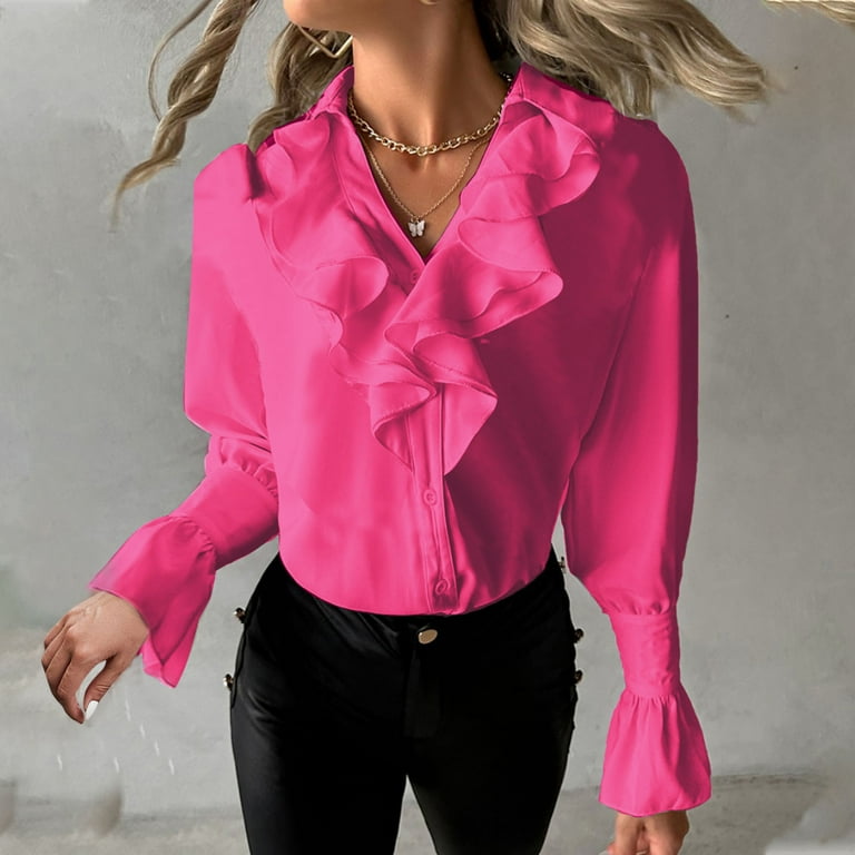 Elegant Solid Color Ruffle V Neck Blouses Elegant Solid Color Ruffle V Neck Blouses