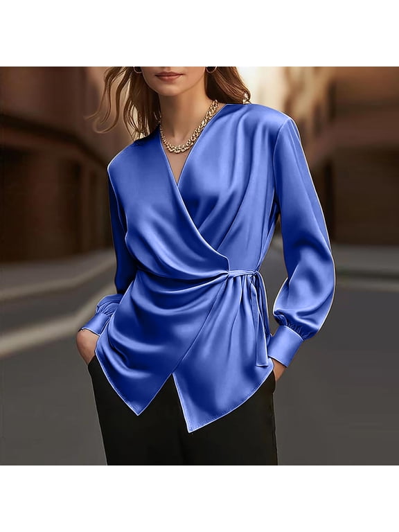 Tops Side Tie Shirts Wrap V-Neck Long Sleeve Fall Business Fitted Dressy Blouson Blue