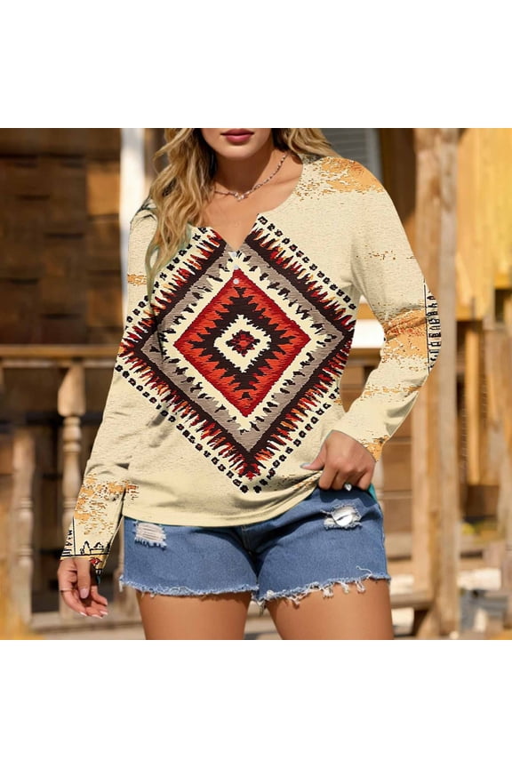 Tops Womens V Neck Western Aztec T Shirt Boho Funny Long Sleeve Womens Shirts L