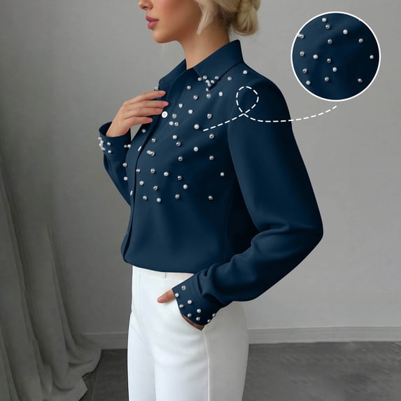 NTACZA Tops for Women Trendy Elegant Business Pearl Blouse Button Down Office Work Womens Shirts XL