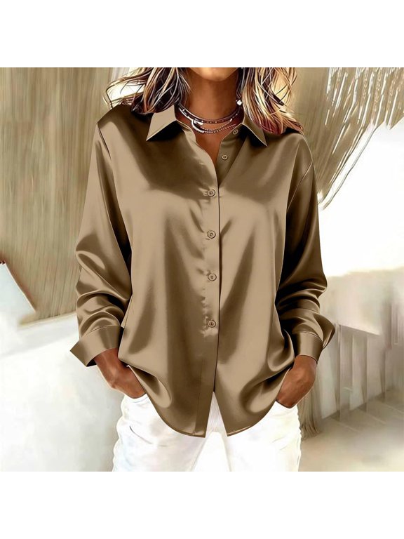 Tops for Women Trendy Silk Work Business Casual Blouse Button Down Loose Satin Womens Shirts Casual L