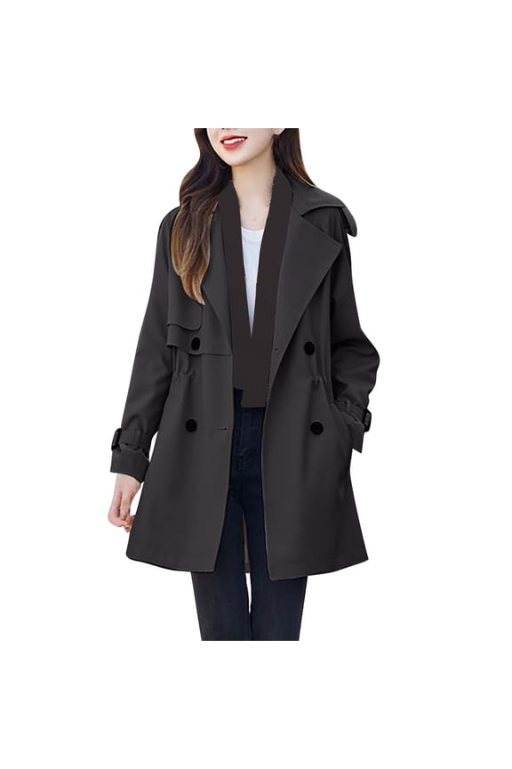 Trench Womens Coats Dress Work Pea Black Solid Long Sleeve Button up Lapel Collar Coats Women's Jacket XL
