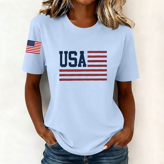 NTACZA Short Sleeve Going Out Tops for Women T‑Shirts Usa American Flag Print Crew Neck Casual Graphic Tees Festival Relaxed Fit Blue
