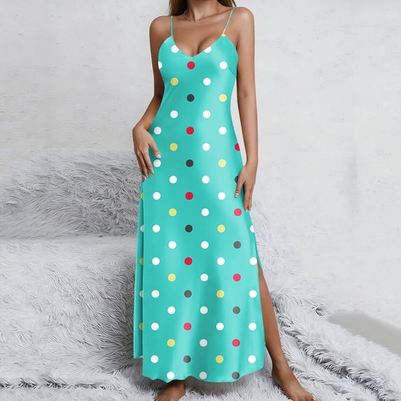 NTACZA V Neck Dresses for Women Spaghetti Strap Polka Dot Maxi Dress Ladies Sleeveless Lounge Slip Dresses L