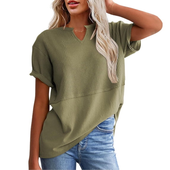 NTACZA V Neck Going Out Tops for Women Waffle Short Sleeve T-Shirt Loose Fitting Patchwork Womens Shirts L