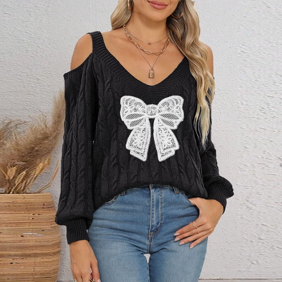NTACZA V Neck Holiday Sweaters for Women Bow Black Cable Knit Sweater Cold Shoulder Dressy Cute Knit Shirt Ladies Jumper M