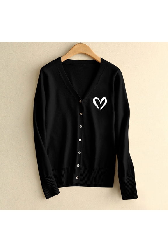 V Neck Plus Size Sweaters for Women Valentines Black Heart Print Cardigan Sweater Button Down Jumpers for Women XXL